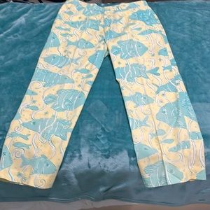 Lilly Pulitzer long pants size 36 color light yellow with aqua color fish print